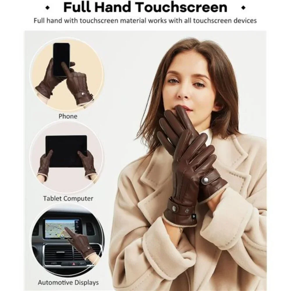 Women's Leather Gloves Full Hand Touchscreen Winter Gloves